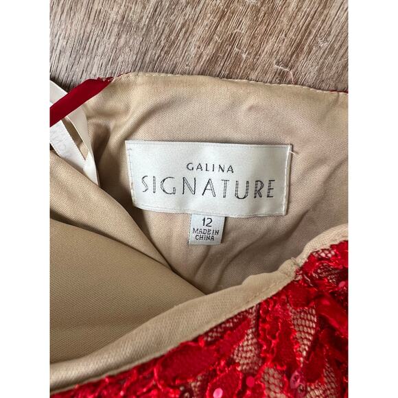 Galina Signature Dress Red Allover Lace Corset Sheath with Side Slit - Picture 7 of 9